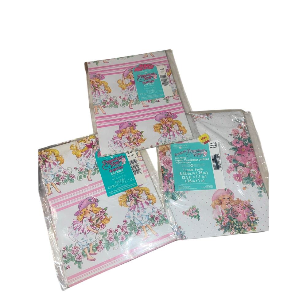 Vintage 90s American Greetins Pink Scented Peppermint Rose gift wrap lot of 3